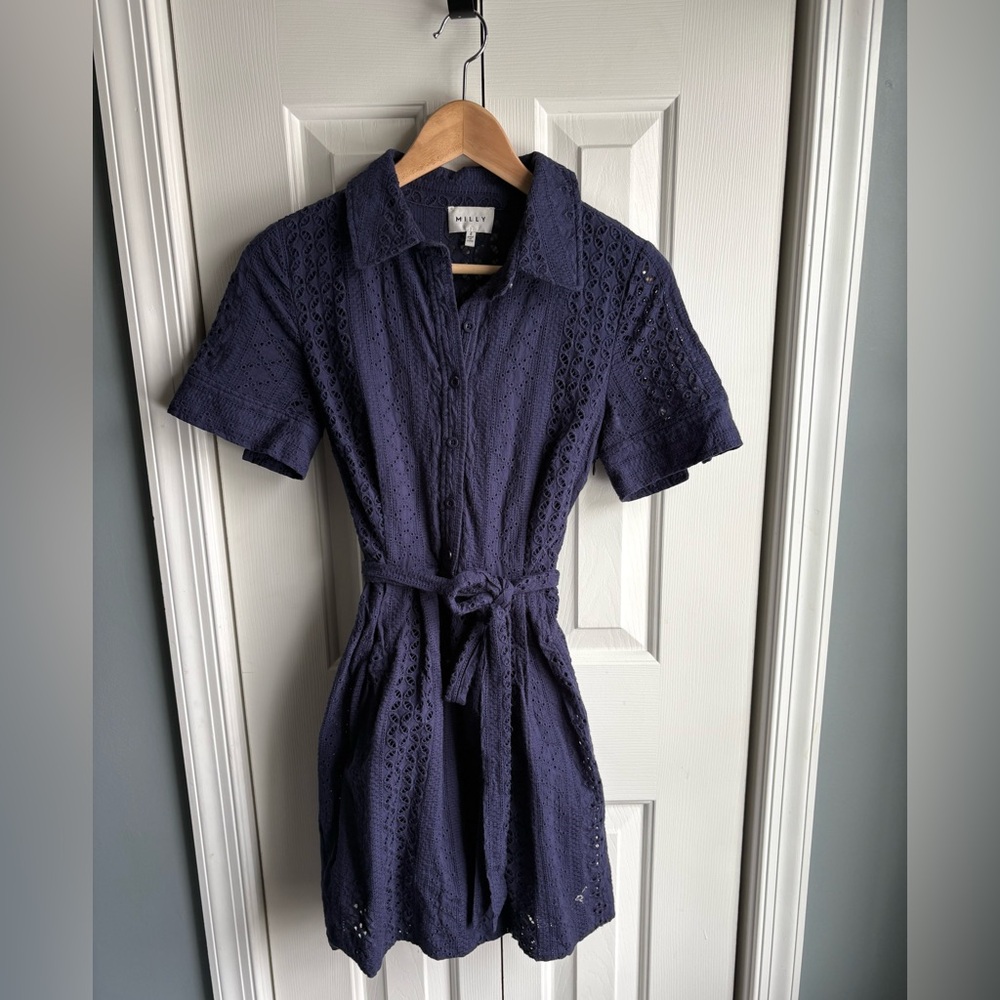 Milly Womens Short Sleeve Eyelet Cleo Shirt Dress Navy Blue Preppy Size 4